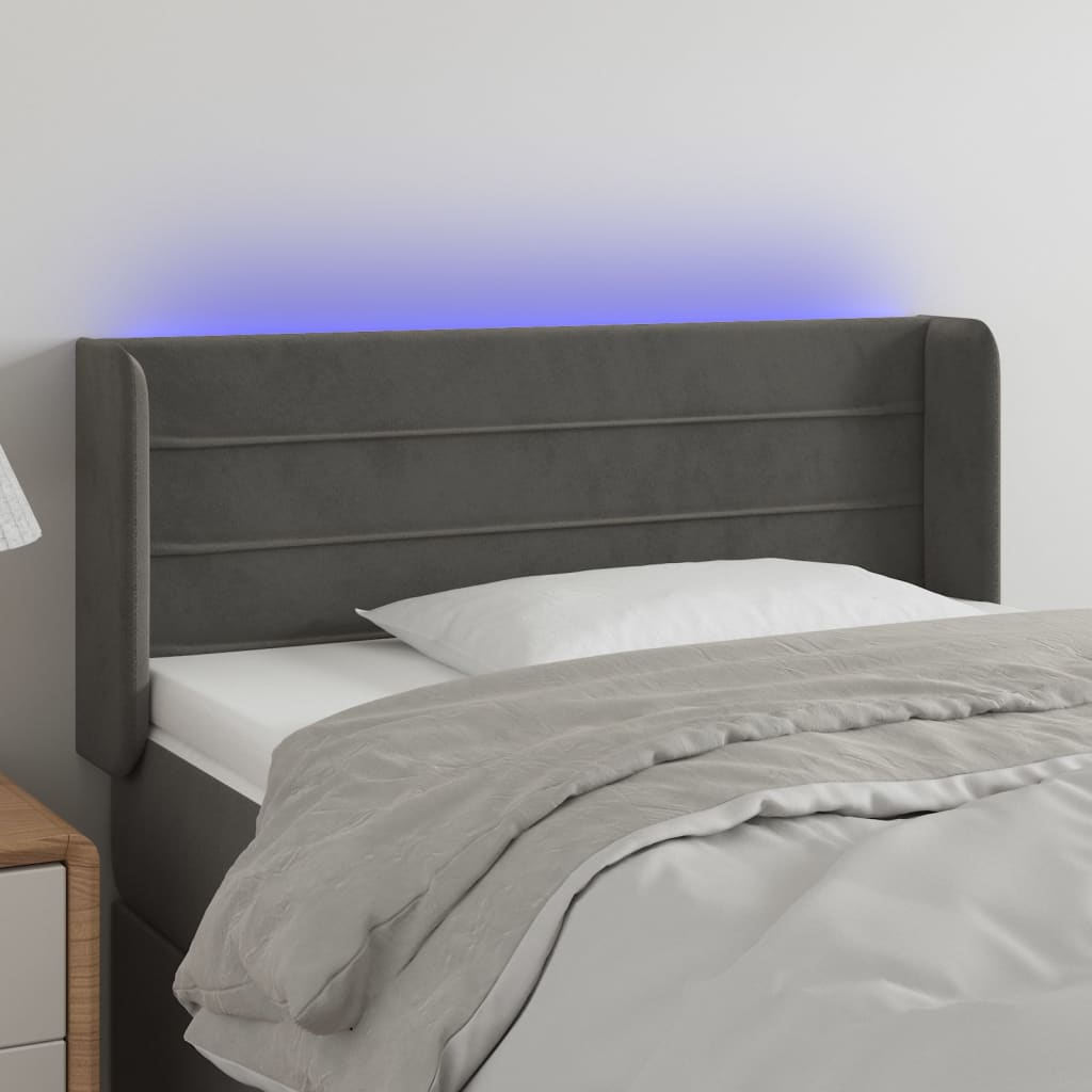 vidaXL LED горна табла за легло, тъмносива, 83x16x78/88 см, кадифе