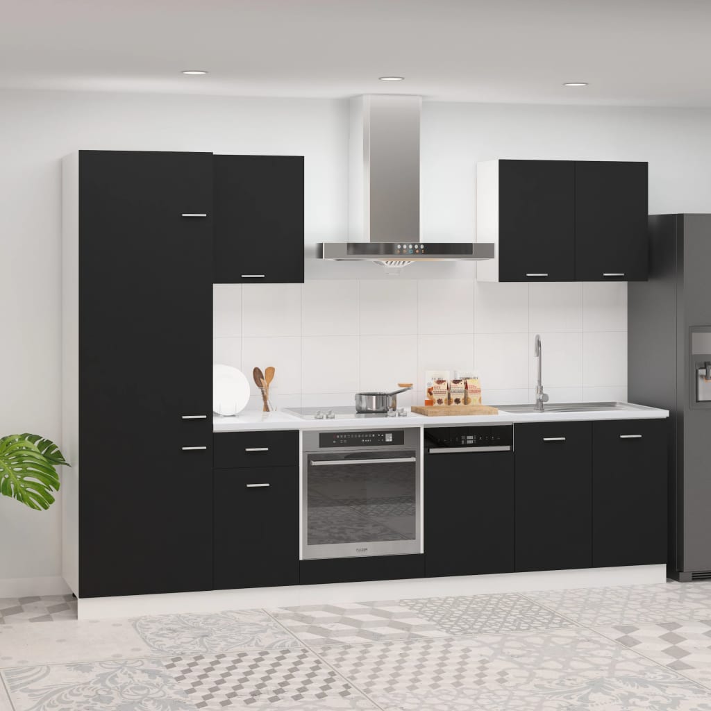 vidaXL Комплект кухненски шкафове от 7 части, черен, ПДЧ