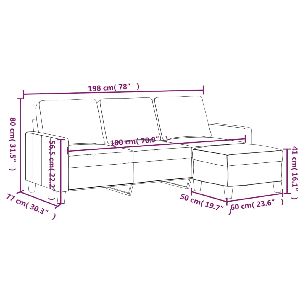vidaXL 3-местен диван с табуретка, черен, 180 см, изкуствена кожа