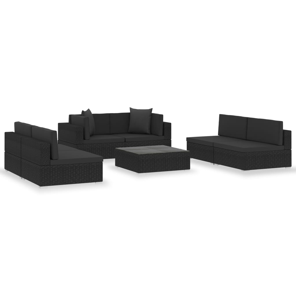vidaXL Градински комплект с възглавници, 7 части, черен, полиратан