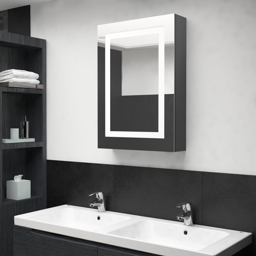 vidaXL LED шкаф с огледало за баня, сив, 50x13x70 см