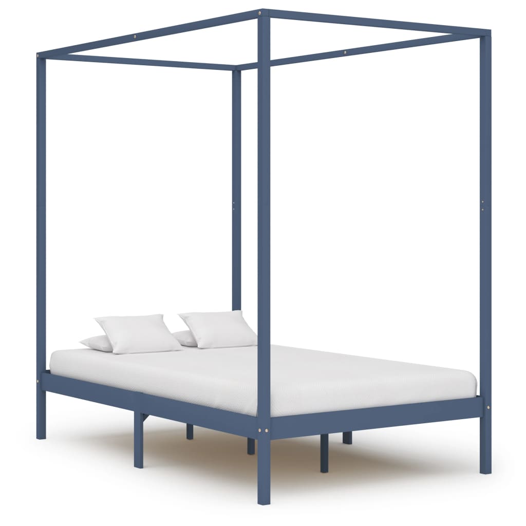 vidaXL Рамка за легло с балдахин, сива, бор масив, 140х200 см