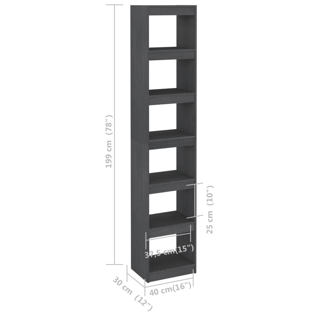 vidaXL Библиотека/разделител за стая, сива, 40x30x199 см, бор масив