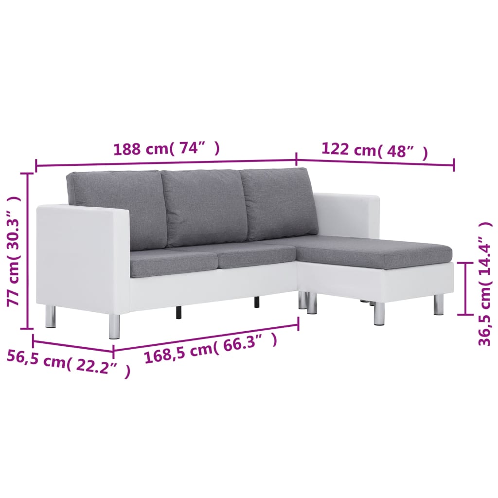 vidaXL 3-местен диван с възглавници, бял, изкуствена кожа