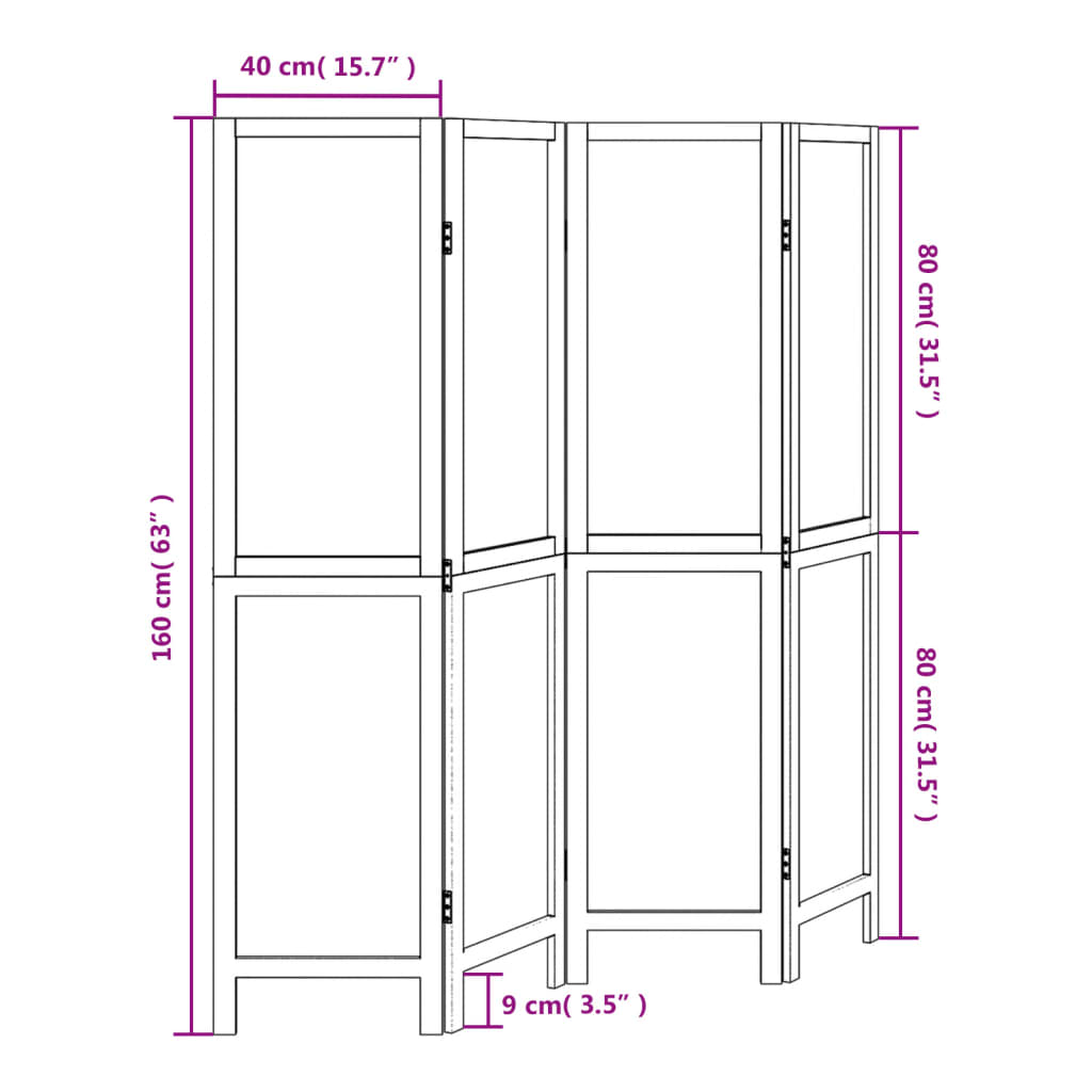vidaXL Разделител за стая, 4 панела, тъмнокафяв, дърво пауловния масив