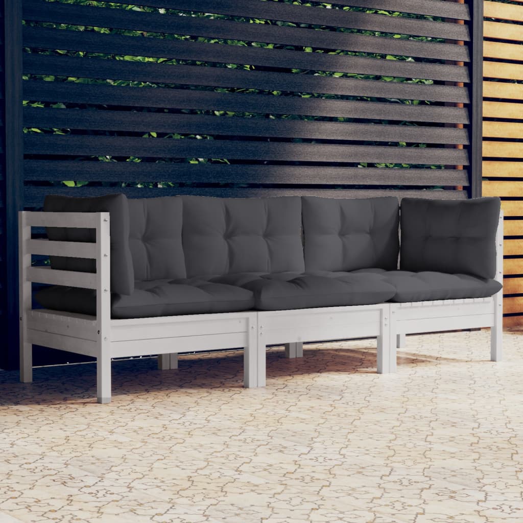 vidaXL 3-местен градински диван с възглавници антрацит, бор масив