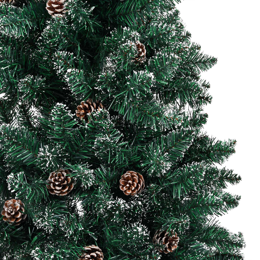 vidaXL Слим осветена елха с истинско дърво и бял сняг зелена 210 см