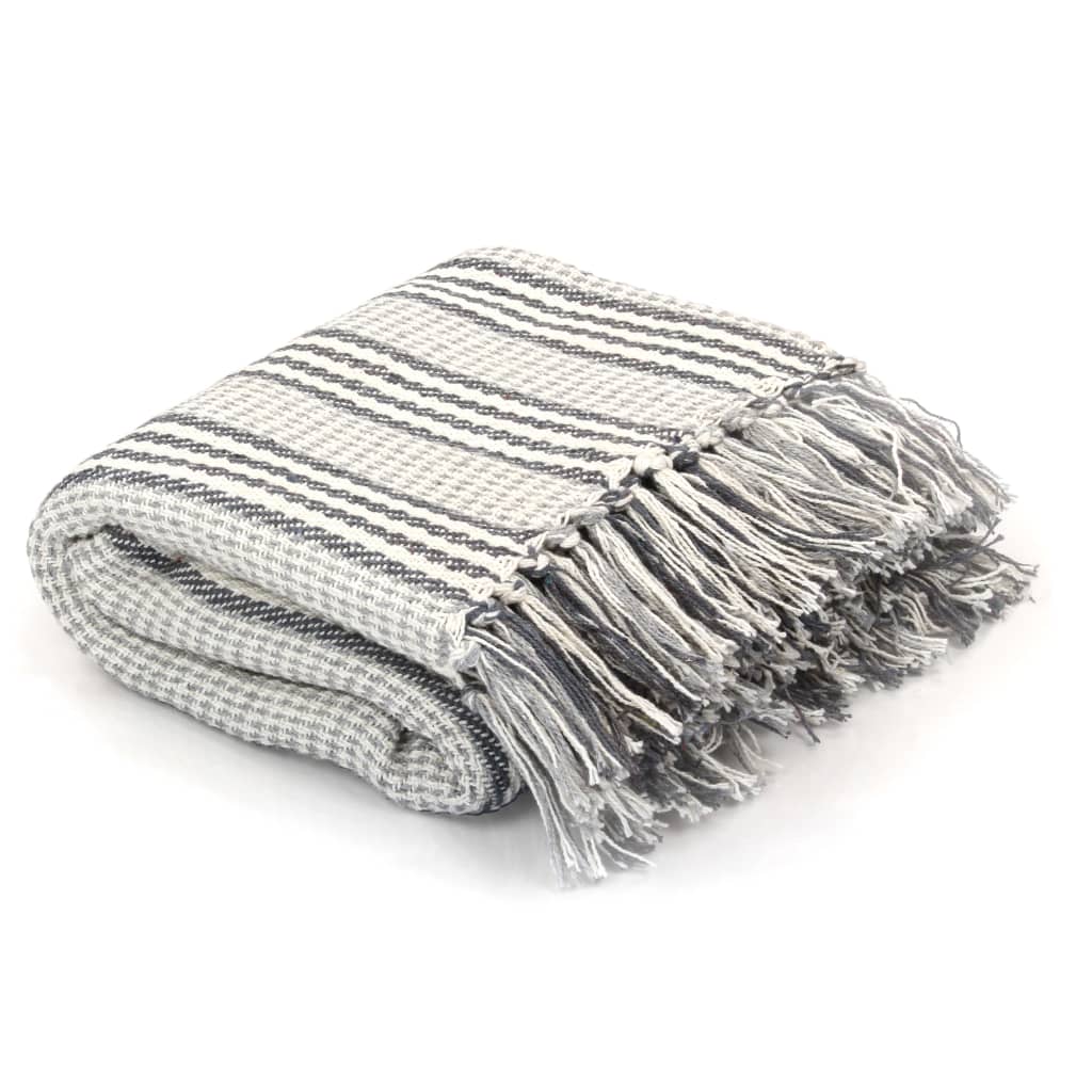 vidaXL Декоративно одеяло, памук, ивици, 220x250 см, сиво и бяло