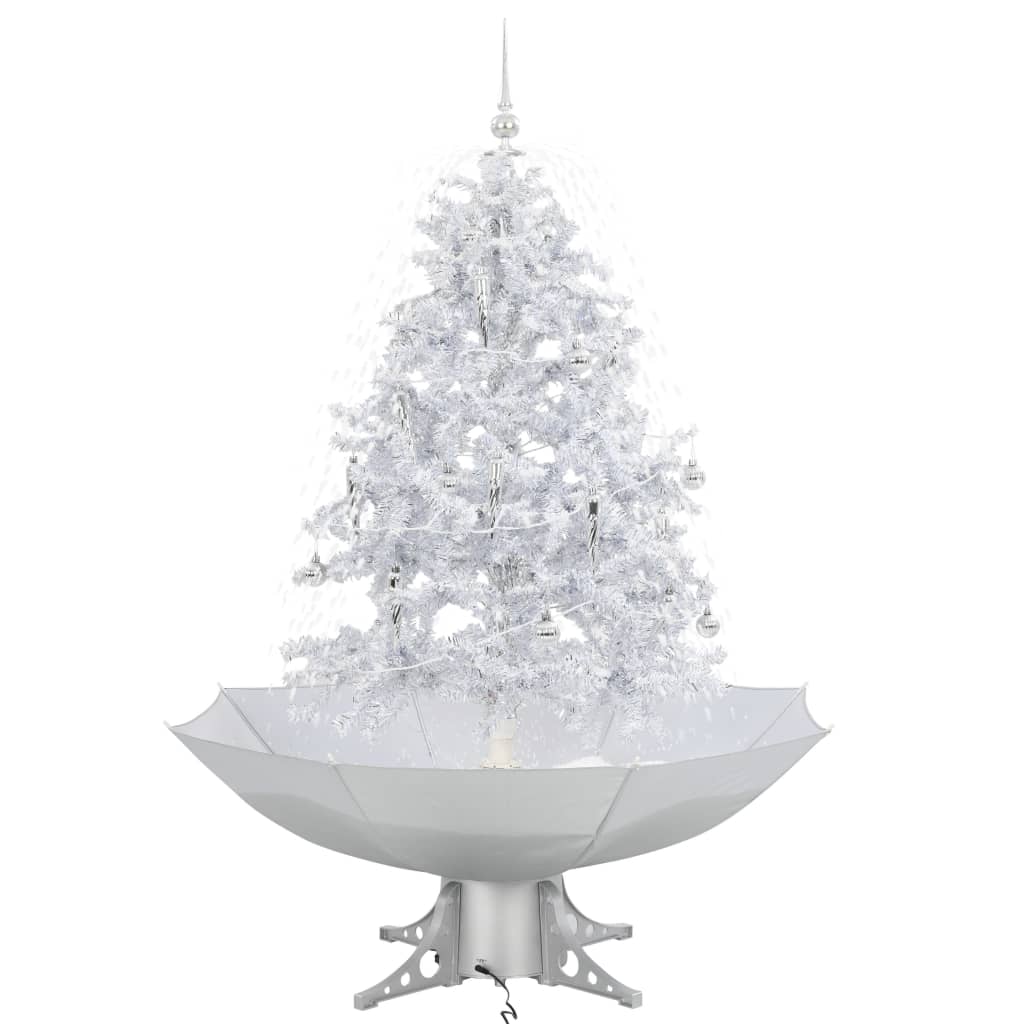 vidaXL Коледна елха с валящ сняг и основа от чадър, бяла, 140 см