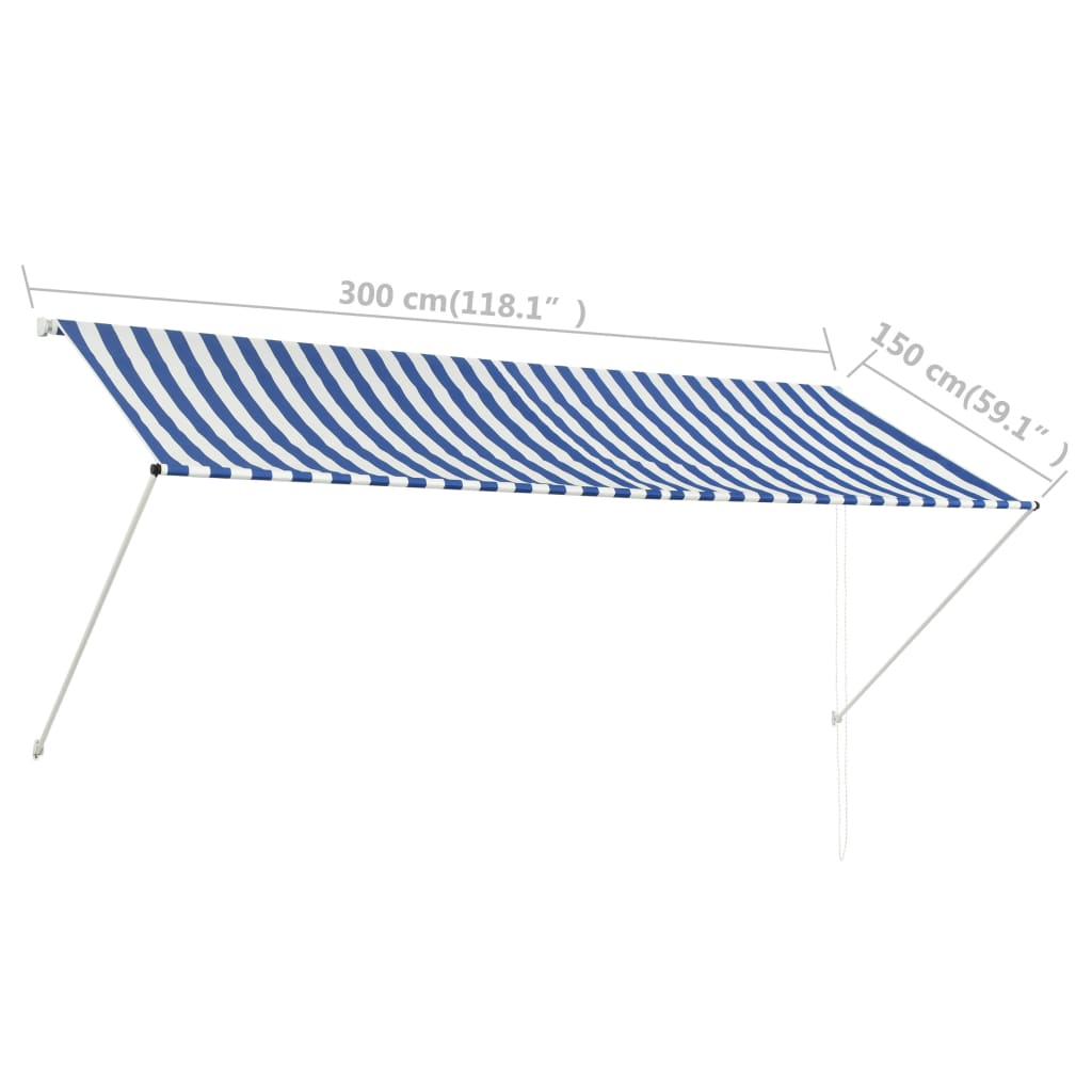 vidaXL Сенник с падащо рамо, 300х150 см, синьо и бяло
