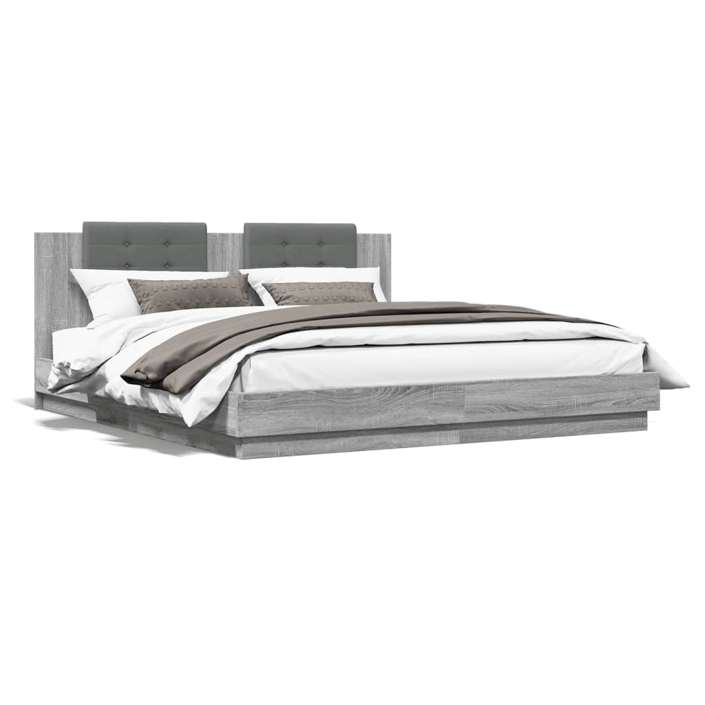 vidaXL Рамка за легло с табла и LED осветление, сив сонома, 180x200 см