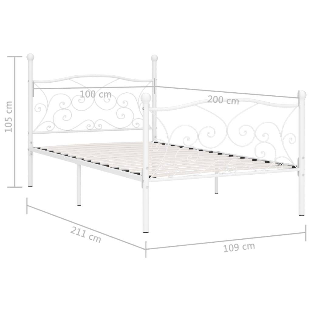 vidaXL Рамка за легло с ламелна основа, бяла, метал, 100x200 см