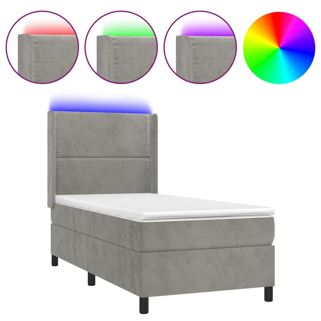 vidaXL Боксспринг легло с матрак и LED, светлосиво, 90x190 см, кадифе