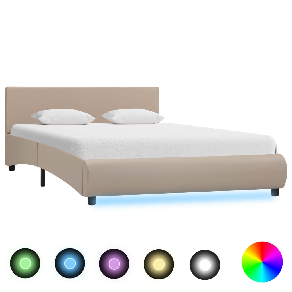 vidaXL Рамка за легло с LED, капучино, изкуствена кожа, 140x200 cм