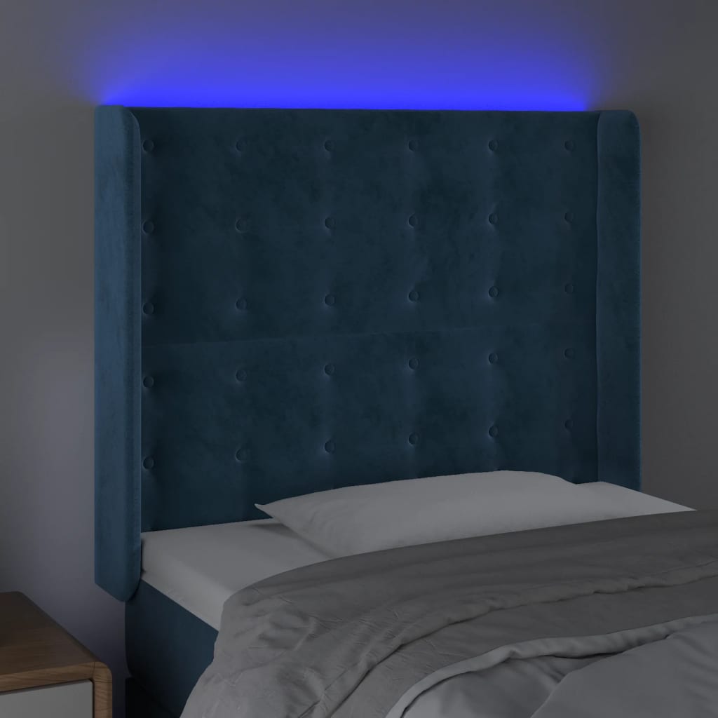 vidaXL LED горна табла за легло, тъмносиня, 83x16x118/128 см, кадифе