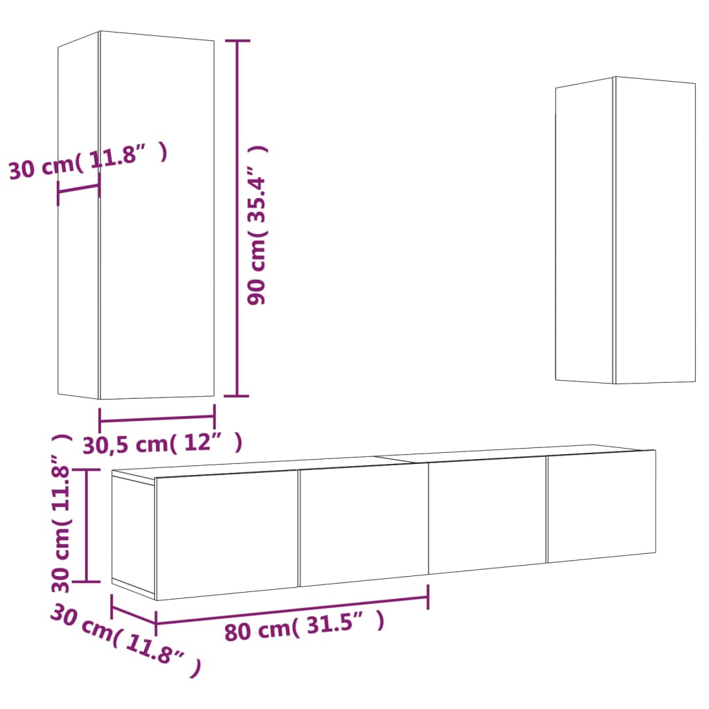 vidaXL Комплект ТВ шкафове от 4 части, бетонно сив, инженерно дърво