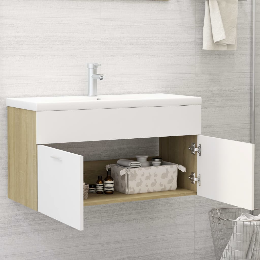 vidaXL Долен шкаф за мивка, бяло и дъб сонома, 90x38,5x46 см, ПДЧ