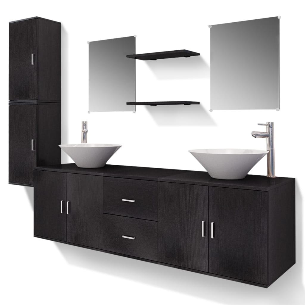 vidaXL комплект мебели от 11 части и мивка за баня, черен цвят
