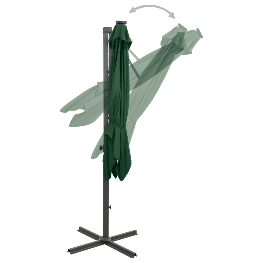 vidaXL Чадър с чупещо рамо, прът и LED лампи, зелен, 300 см