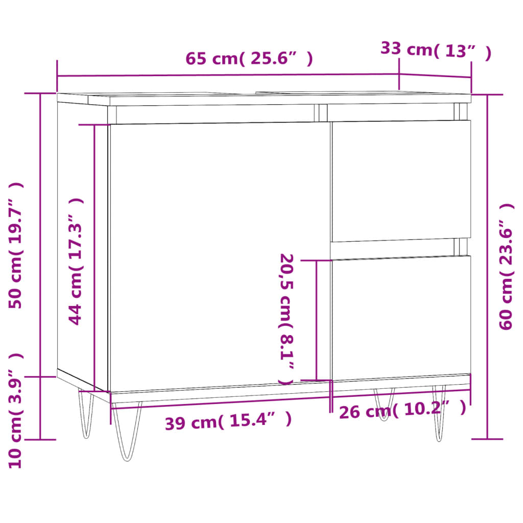 vidaXL Шкаф за баня, сив сонома, 65x33x60 см, инженерно дърво