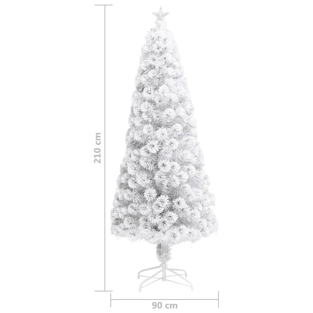 vidaXL Изкуствена осветена коледна елха бяла 210 см оптично влакно