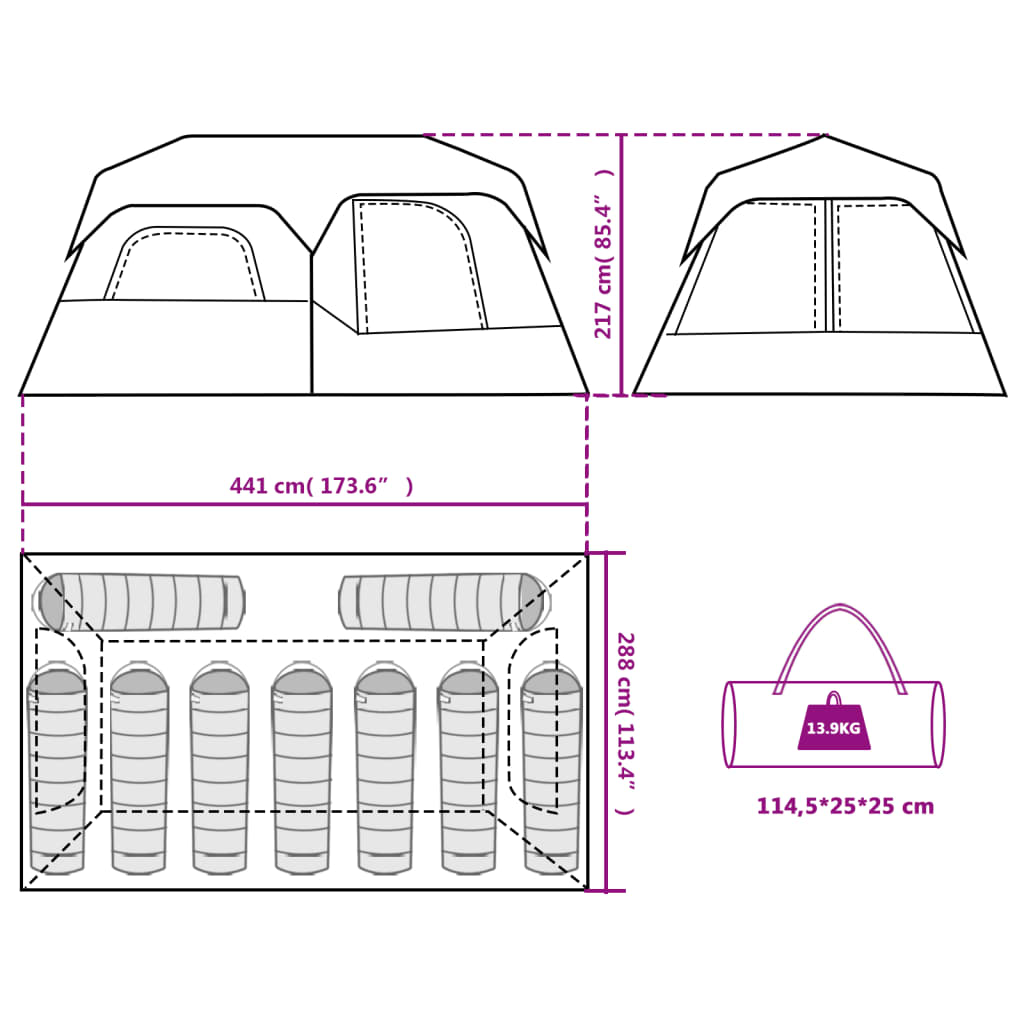 vidaXL Къмпинг палатка за 9 души, зелена, водоустойчива