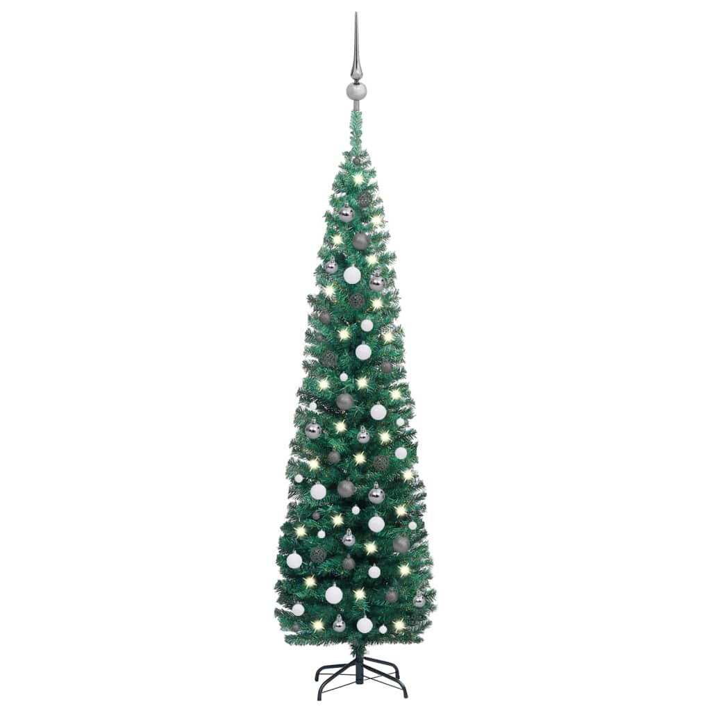 vidaXL Тънка изкуствена осветена коледна елха с топки, зелена, 210 см