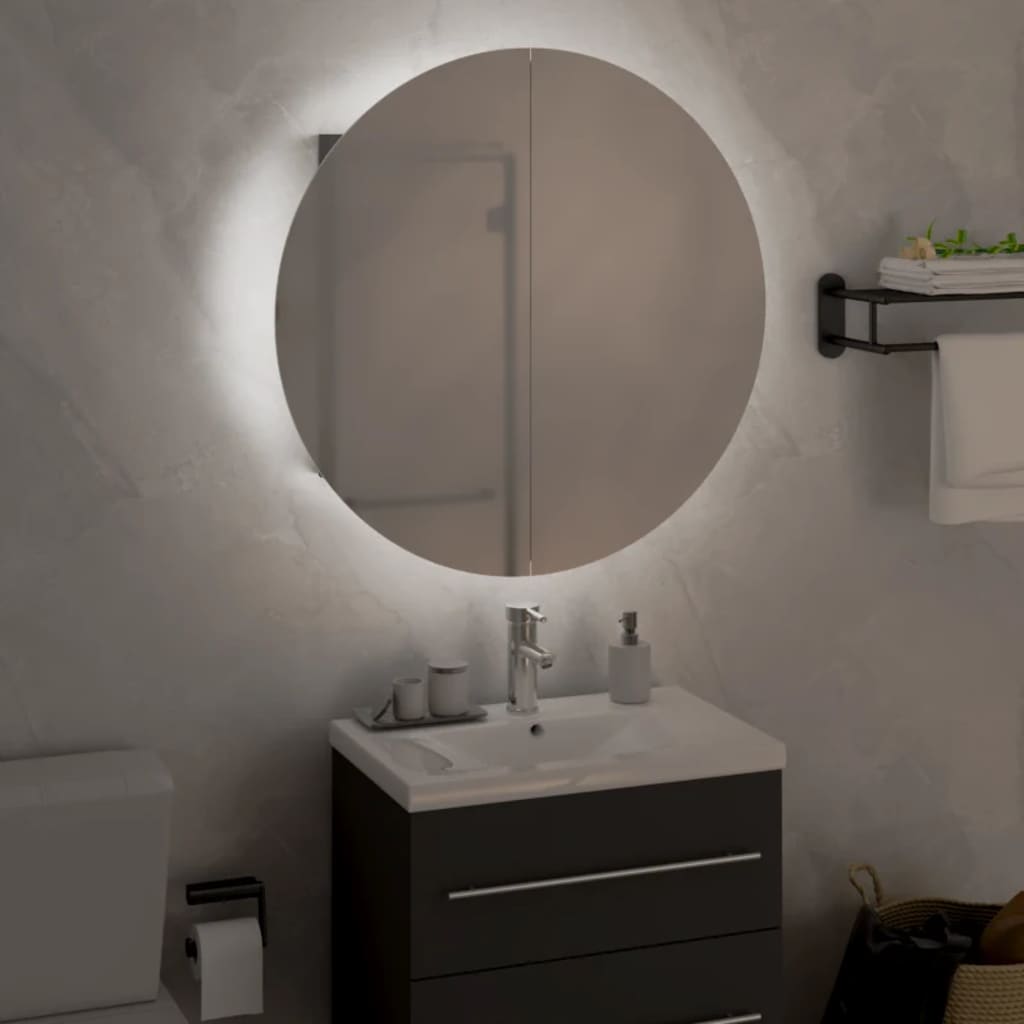 vidaXL Шкаф за баня с кръгло огледало и LED, сив, 47x47x17,5 см