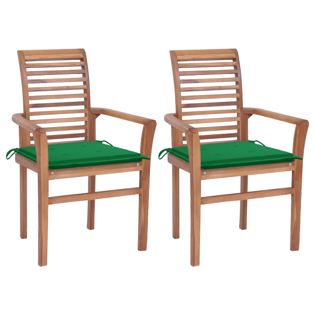 vidaXL Трапезни столове 2 бр зелени възглавници тиково дърво масив
