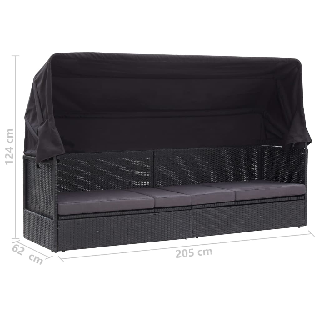 vidaXL Градински диван със сенник, полиратан, черен