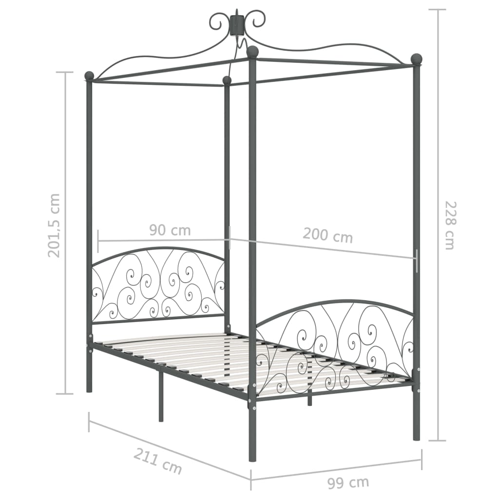 vidaXL Рамка за легло с балдахин, сива, метал, 90x200 cм