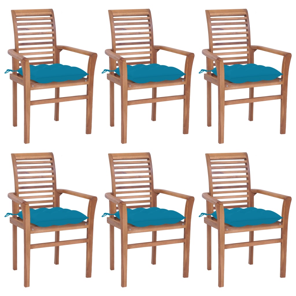 vidaXL Трапезни столове 6 бр със светлосини възглавници тик масив