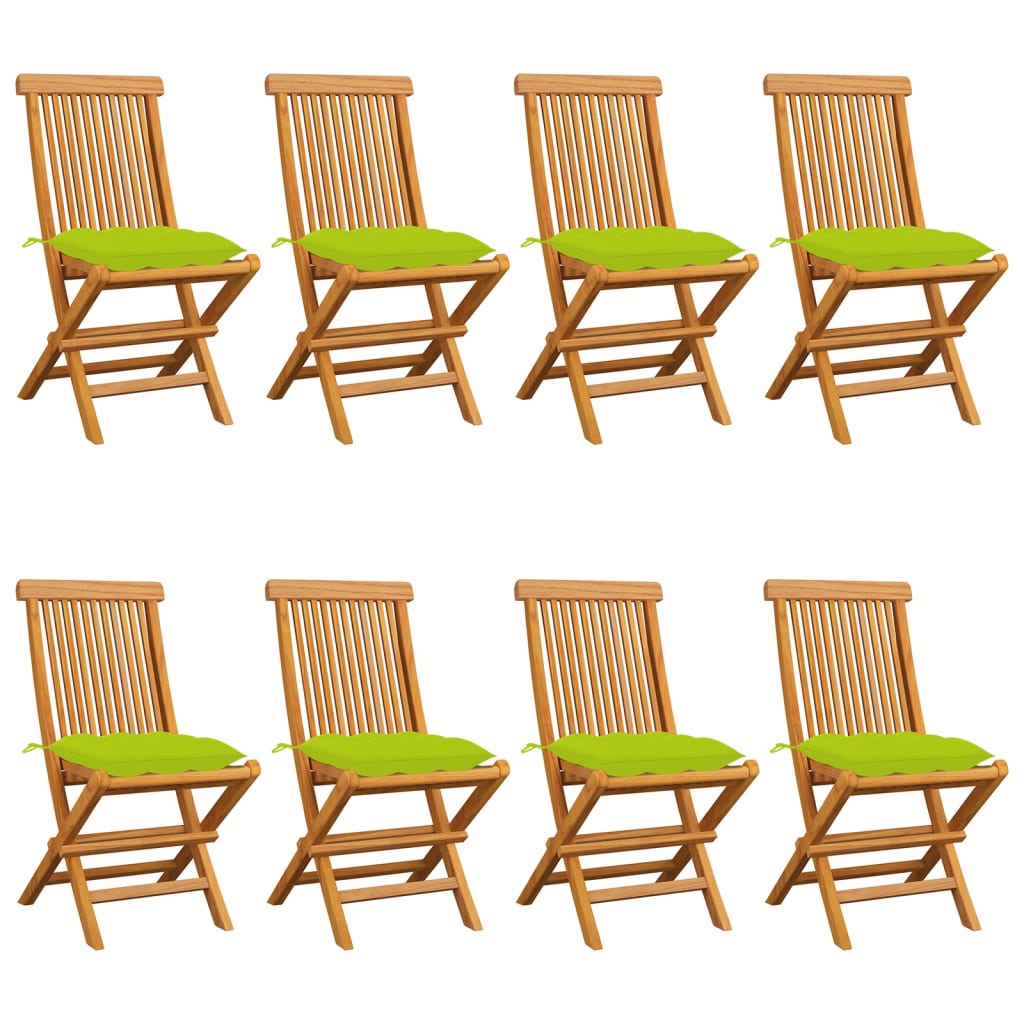 vidaXL Градински столове със светлозелени възглавници 8 бр тик масив