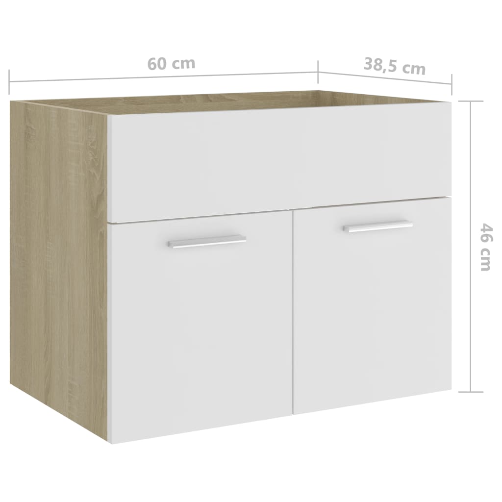 vidaXL Долен шкаф за мивка, бяло и дъб сонома, 60x38,5x46 см, ПДЧ