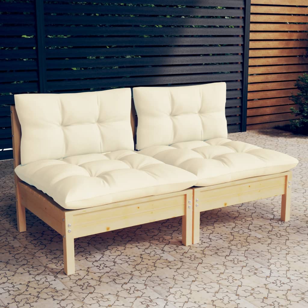 vidaXL 2-местен градински диван с кремави възглавници, бор масив