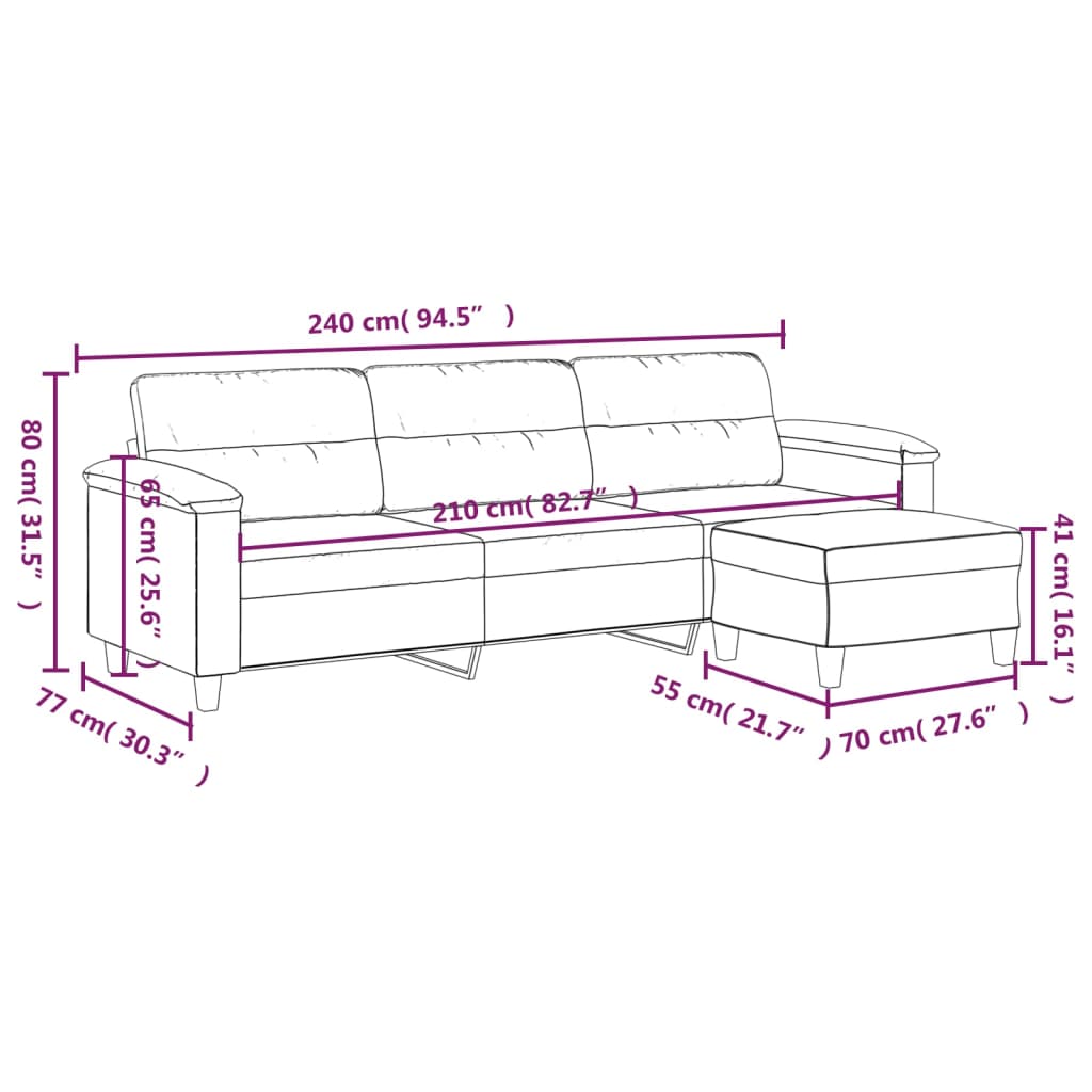 vidaXL 3-местен диван с табуретка тъмносив 210 см микрофибърен текстил
