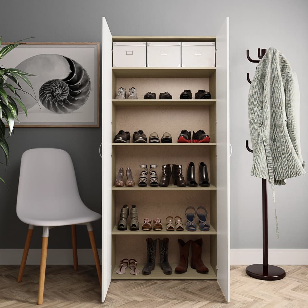 vidaXL Шкаф за обувки, бяло и дъб сонома, 80x35,5x180 см, ПДЧ