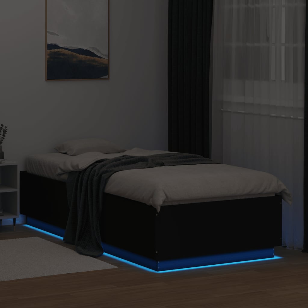 vidaXL Рамка за легло с LED осветление черна 90x200 см инженерно дърво