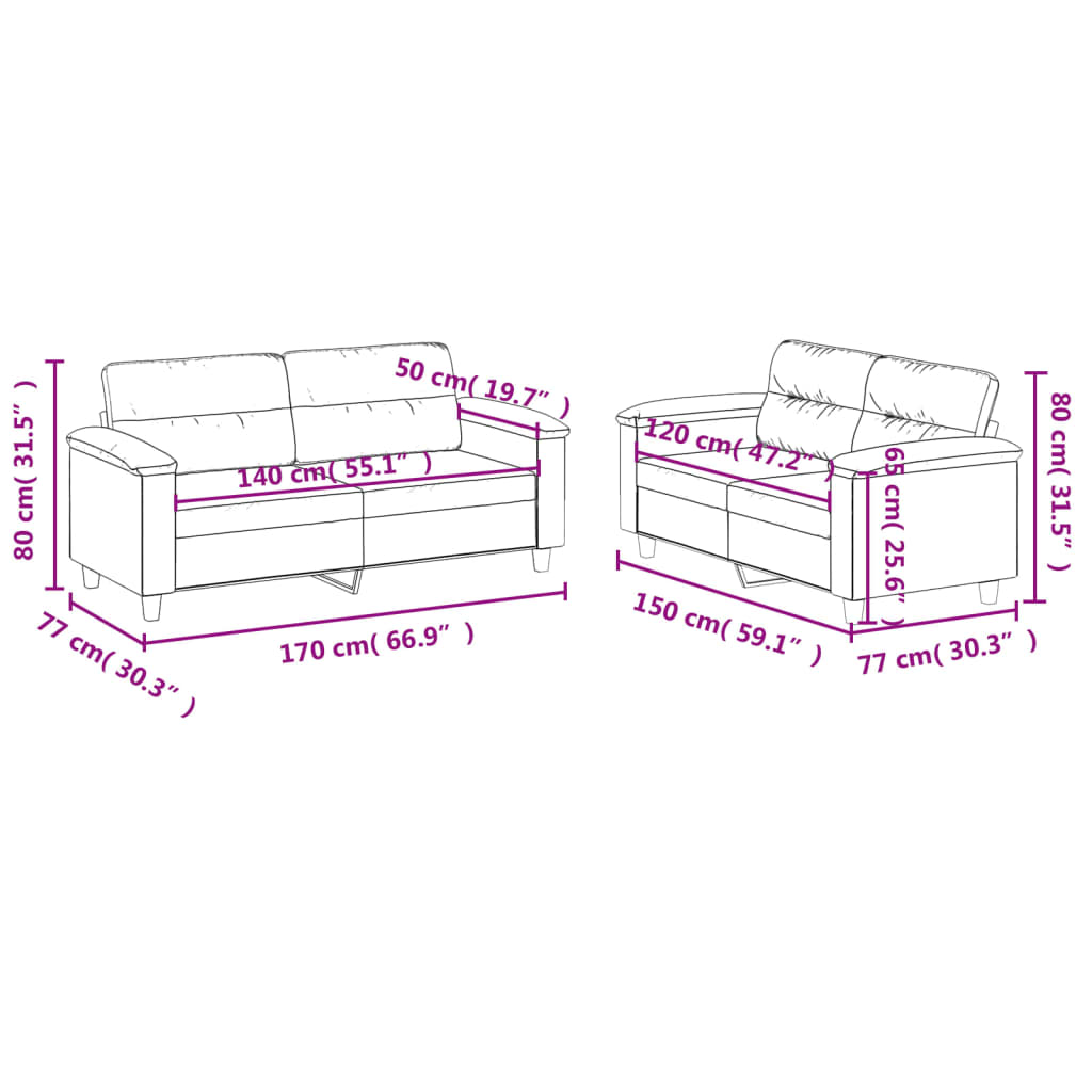 vidaXL Комплект дивани от 2 части с възглавници бежов плат микрофибър