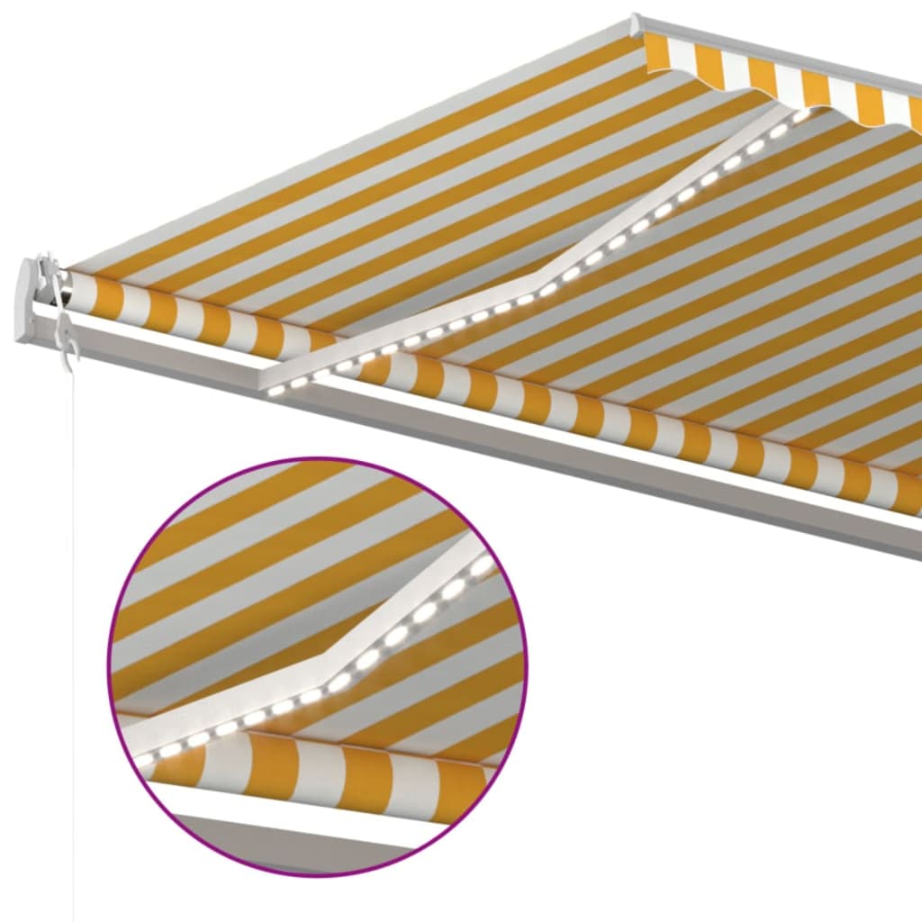 vidaXL Автоматичен сенник LED сензор за вятър 500x300 см жълто-бял