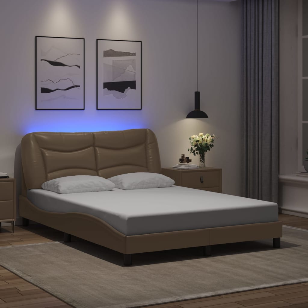 vidaXL Рамка за легло с LED осветление, капучино, 120x200 см, еко кожа