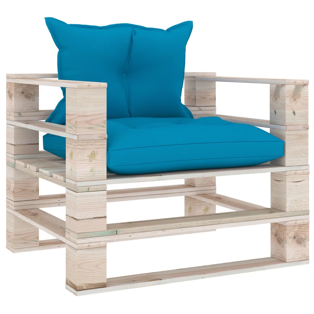 vidaXL Градински палетен фотьойл със сини възглавници, борово дърво