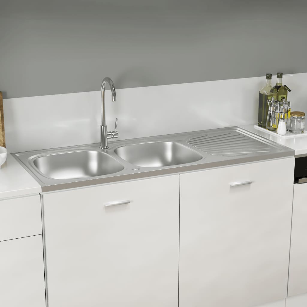 vidaXL Кухненска мивка с две корита, сребриста, 1200x600x155 мм, инокс