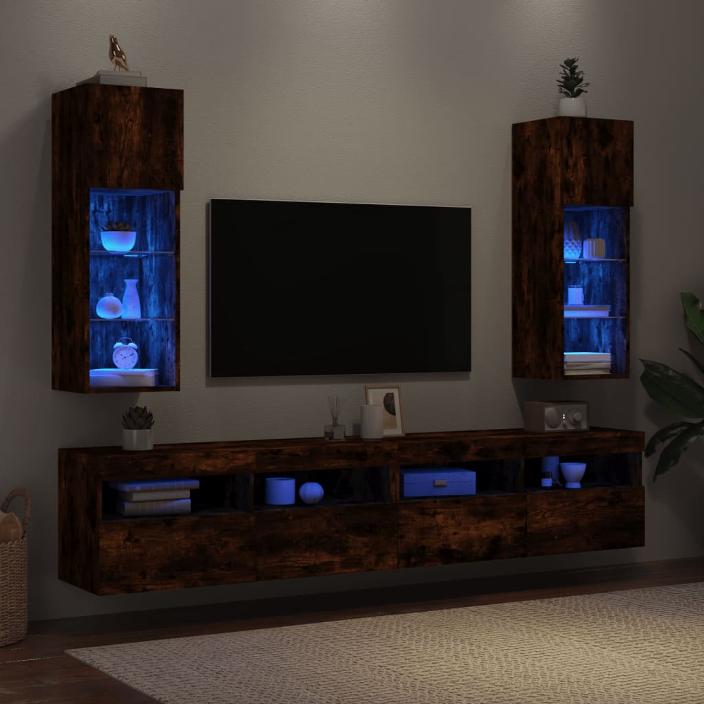 vidaXL ТВ шкафове с LED осветление, 2 бр, опушен дъб, 30,5x30x90 см