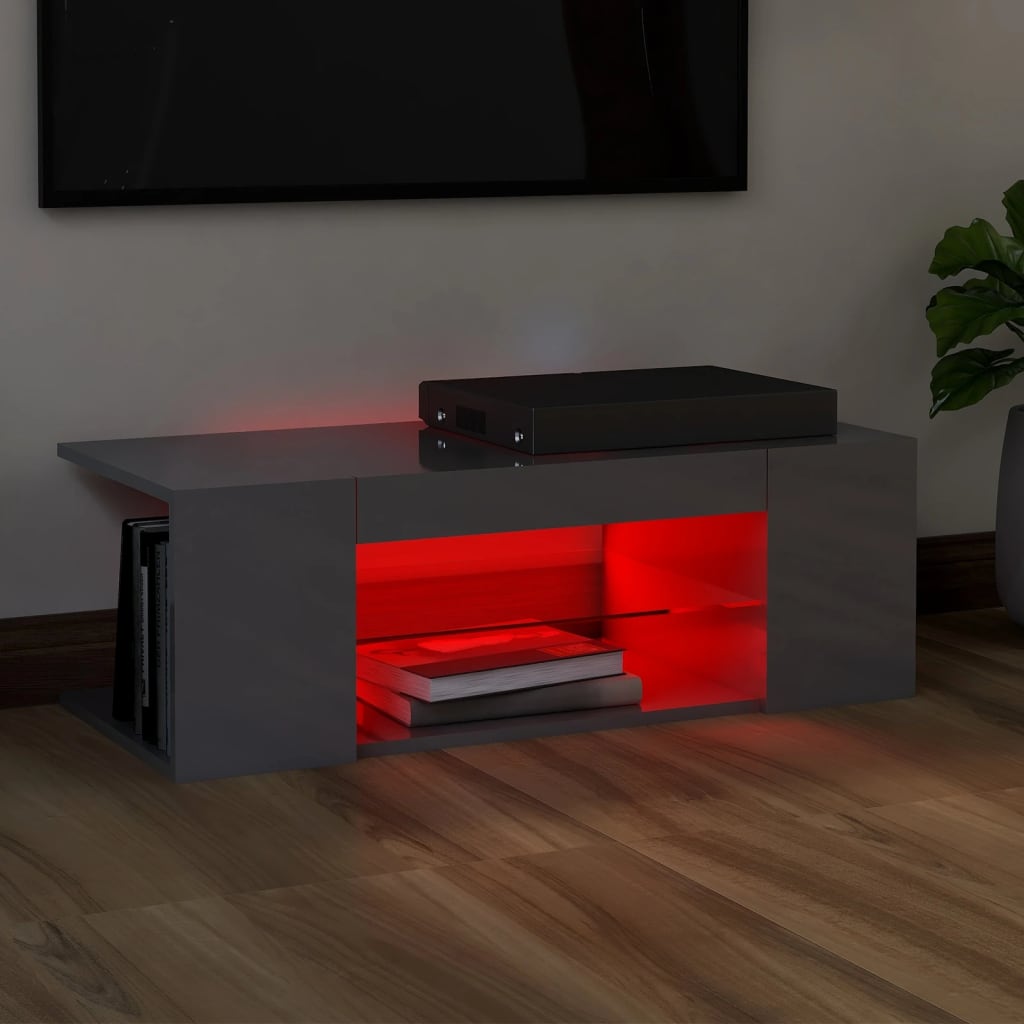 vidaXL ТВ шкаф с LED осветление, сив гланц, 90x39x30 см