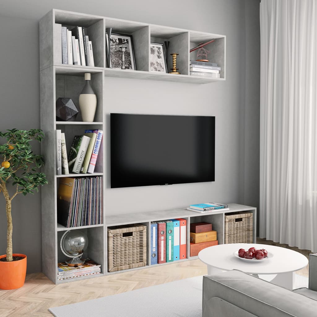 vidaXL Комплект етажерка/ТВ шкаф в 3 части, бетонно сив, 180x30x180 см