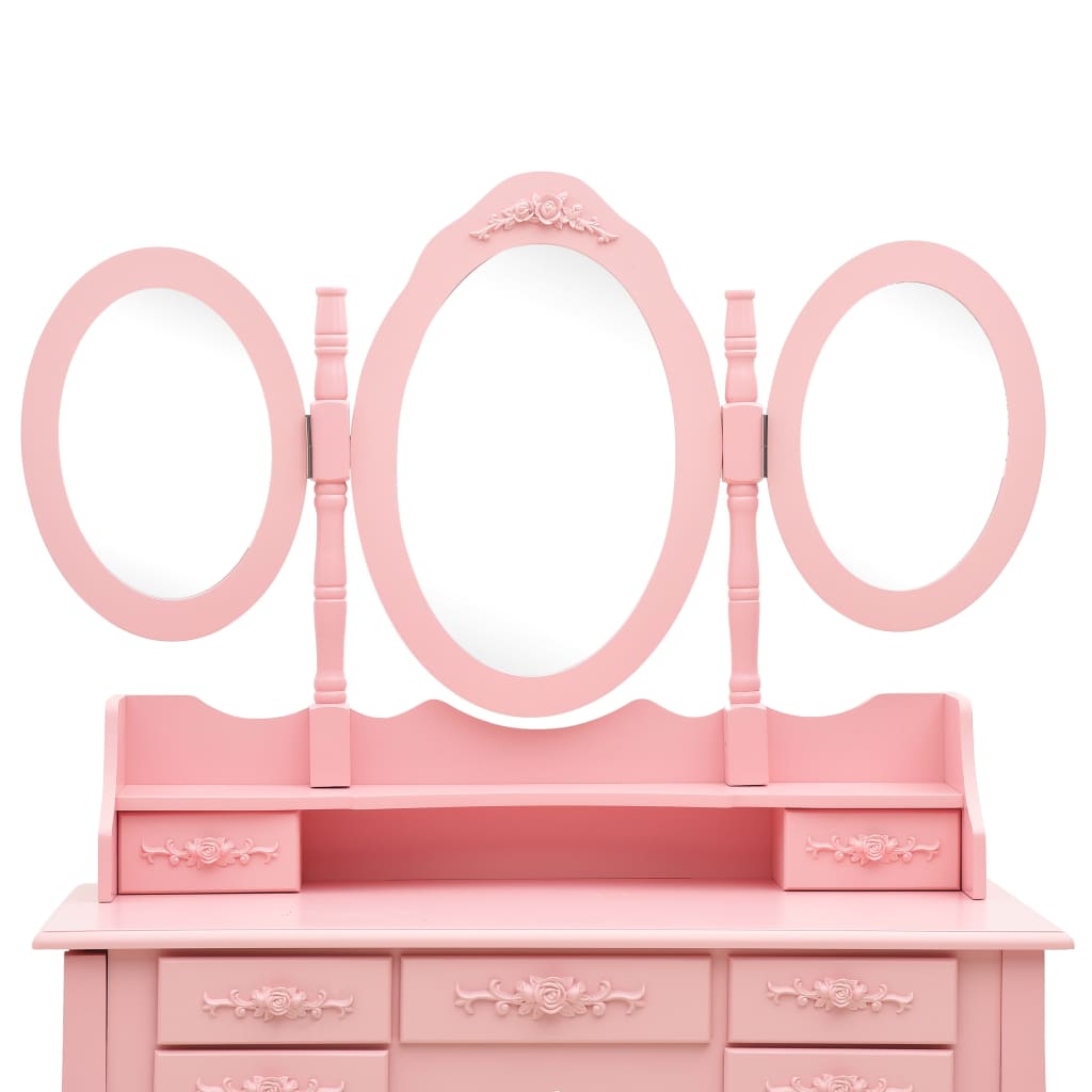 vidaXL Тоалетка с табуретка и тройно сгъваемо огледало, розова