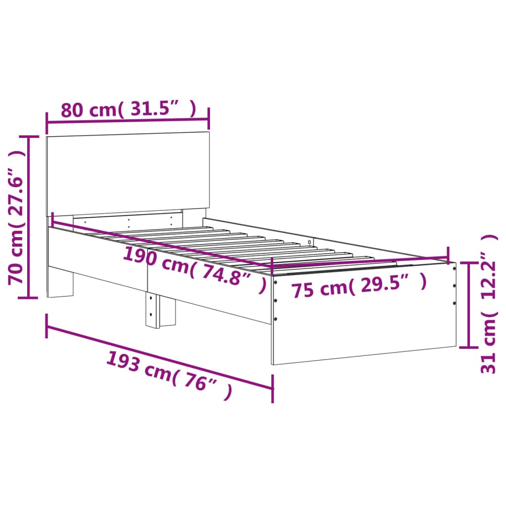 vidaXL Рамка за легло с табла, бетонно сива, 75x190 см инженерно дърво