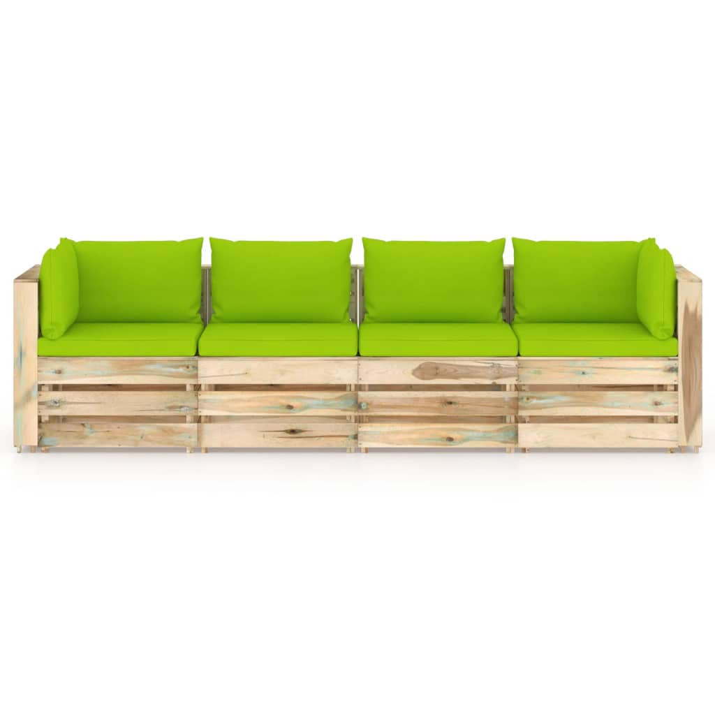 vidaXL 4-местен градински диван с възглавници, зелена импрегнация