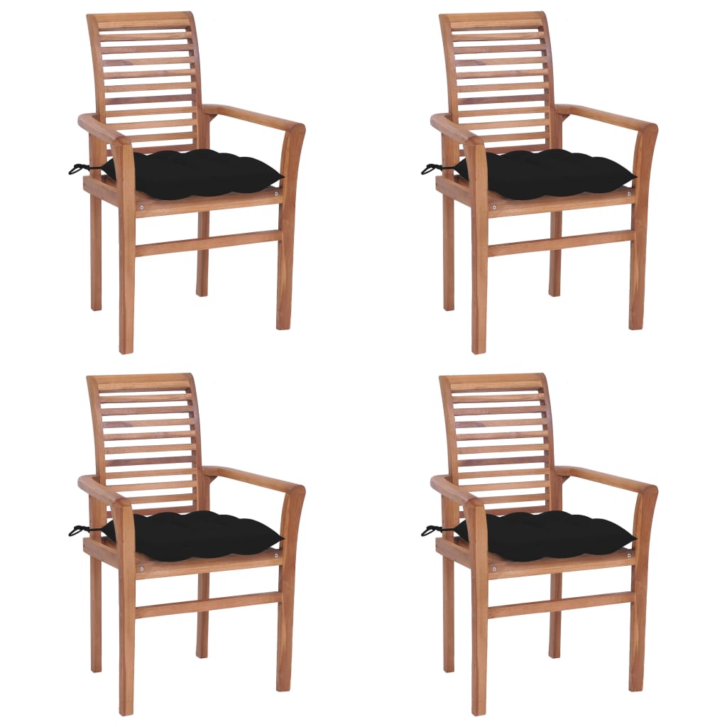vidaXL Трапезни столове, 4 бр, с черни възглавници, тик масив